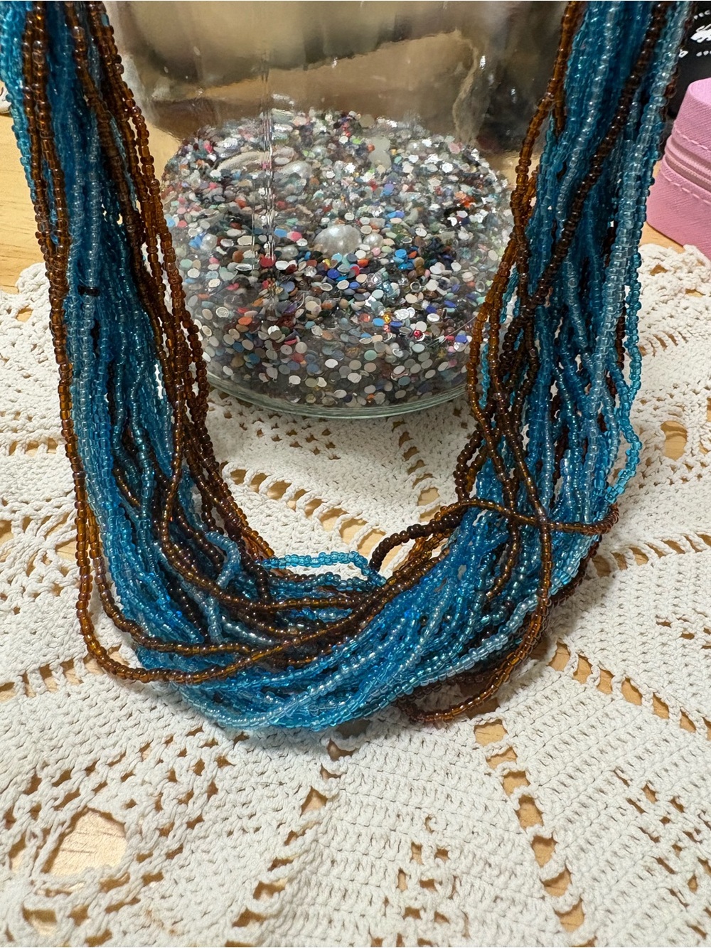 N49 Blue and Brown Seed Bead Multi-Strand Necklace